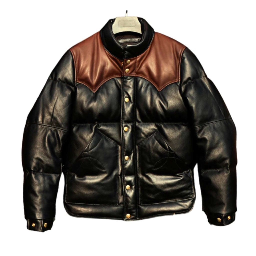 Men's Black & Brown Sheepskin Leather Puffer Jacket - VADE BLANC