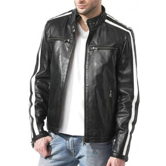 Black Leather Racer Jacket with White Stripes For Men - VADE BLANC
